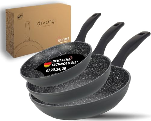 DIVORY Pannset 3-delad stekpanna 20, 24 cm, 28 cm I induktion, avtagbart handtag, non-stick stekpanna hög, induktionspanna, uppsättning med 3 universalpannor (Ultime 20, 24, 28 cm)