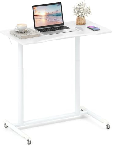 COSTWAY Scrivania Regolabile in Altezza a Forma di C, Scrivania con Ruote Bloccabili e Struttura in Metallo, Tvolo Portatile per Laptop e per Spazi Ridotti (Bianco)