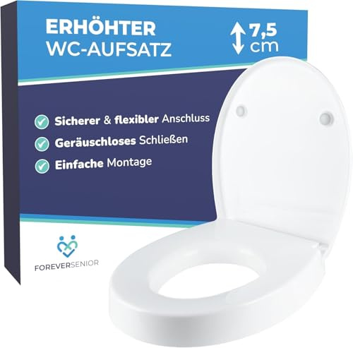 Foreversenior Toilettensitzerhöhung 7,5 cm – Erhöhter Toilettensitz mit Deckel & Absenkautomatik, ergonomische WC Sitzerhöhung für Senioren, einfache Montage, rutschfest & komfortabel