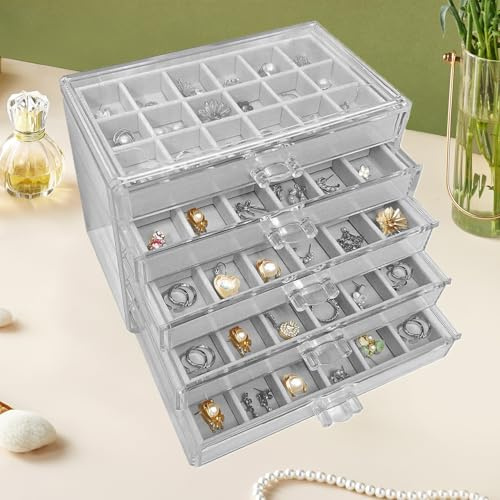 Zinaroty Organizer per orecchini, organizer trasparente per orecchini, con 5 cassetti, in acrilico trasparente, per donne e ragazze (grigio, 5 cassetti)