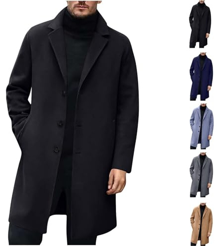 Générique Manteau Homme en Laine Automne-Hiver Trench Coat Longue Simple Boutonnage Veste Col à Revers Manteaux Décontractée Blouson Business Vetements Regular Fit Coupe Vent Noir XL