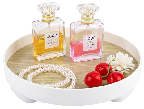 Vassoio Decorativo Rotondo Cosmetici Organizer, Vassoio da Portata Legno con Supporto per Profumi, Esposizione Gioielli, Portacandele per Bagno (Bianco)
