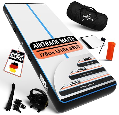 AthleticPro Airtrack-matta [3 m/4 m lång] – 120 cm extra bred – 10/20 cm höjd – uppblåsbar gymnastikmatta för golvgymnastik och akkrobatik inkl. elektrisk pump, reparationssats och väska (400 x 120 x