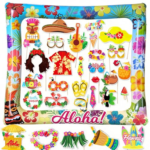 AIBAOBAO 30 Pcs Photocall Hawaiano con Marco de Fotos Inflable Aloha, Foto Prop para Fiestas y Cumpleaños Fotomaton Fiesta Hawaiana Decoracion Photo Booth para Tropical Luau Verano Playa Pool Party