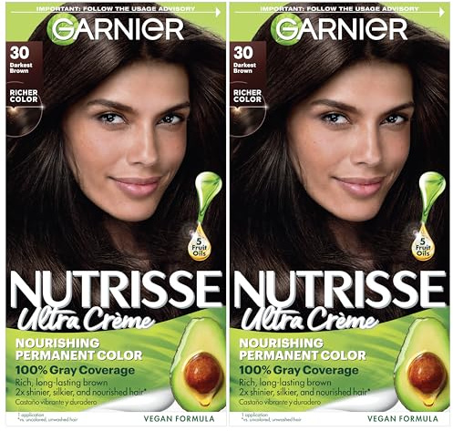 Garnier Nutrisse Ultra Crème Hair Color, Permanent Hair Dye with 100% Gray Coverage, Vegan & Cruelty-Free, 30 Darkest Brown (Sweet Cola), 2 Count