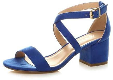 Ajvani Womens Ladies mid Low Block Heel Cross Straps Party Strappy Sandals, 5 UK, Cobalt Blue Suede