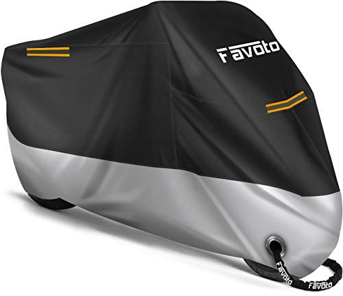 Favoto Housse de Protection Imperméable pour Moto Couverture 210D avec Bande Réfléchissante Résistant aux Poussière Pluie Neige UV Vent Soleil Déjections d'oiseaux, 245x105x125cm Noir+Argent