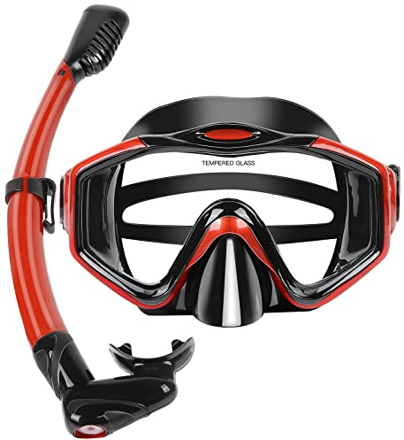 KUYOU Mask Fins Snorkeling Gear for Adults - Wide View Anti-Fog Mask, Full Dry Top Snorkel Gear Set (Metallic Red, One Size Without Fins)