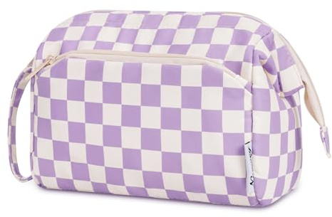 Narwey Large Makeup Bag Wide-Open Zipper Pouch Travel Wash Bag Toiletry Bag Cosmetic Organizer for Women (Purple Checkerboard)