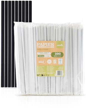 Sovie Cannucce di carta nera – cannucce senza plastica – confezionate singolarmente, certificate FSC, biodegradabili – Ø 8 mm – 23 cm di lunghezza – 200 pezzi