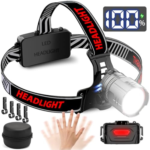 NAKCNM Kopflampe Stirnlampe mit Bewegungssensor & Rücklicht, Stirnlampe LED Wiederaufladbar, Stirnlampen Batterie 20000 Lumen Wasserdicht Zoombar 3 Modi mit Tasche für Angeln Wandern Arbeit Camping