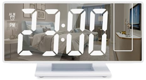 Radio Reveil Proiettore da Soffitto, Sveglia Graduabile a 3 Livelli, Piccolo Orologio Digitale a 18,5 cm Schermo Specchio, Proiettore Rotante a 180 °, per Casa Camera Camera