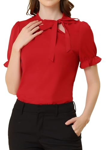 Allegra K dam slip-blus festlig blus kortärmad panel fluga hals volanger elegant topp, röd, XXL