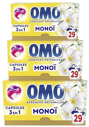 OMO - Lessive liquide en capsules 3 en 1 Oui pour Tahiti - 87 lavages - Monoi - propreté éclatante & parfum longue durée aux essences naturelles (lot de 3x29)