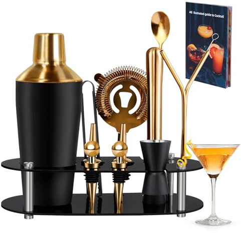 Zanfqvo 700ml Coctelera Profesional, 14 Piezas Cocktail Kit con Soporte, Pinzas Hielo, Tapon Vino, Medidor Cocktail, Bartender Kit Regalos para Hombres Amantes del Cocktail (Oro)