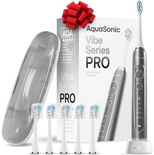 Aquasonic Vibe Series PRO – Ultra-Whitening Electric Toothbrush – 5 Modes & Smart Timers – Premium Travel Case & 6 Proflex Brush Heads – ADA Accepted Toothbrush (Charcoal Metallic)