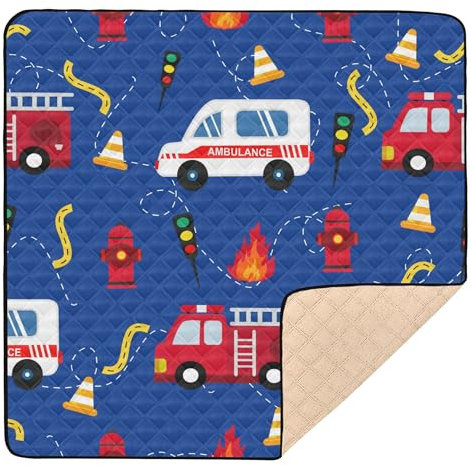 Große stilvolle Baby-Spielmatte für drinnen und draußen, wasserdicht, Krabbelmatte für Babys, Kleinkinder, 127 x 127 cm, Krankenwagen, Feuerwehr, Feuerwehrauto