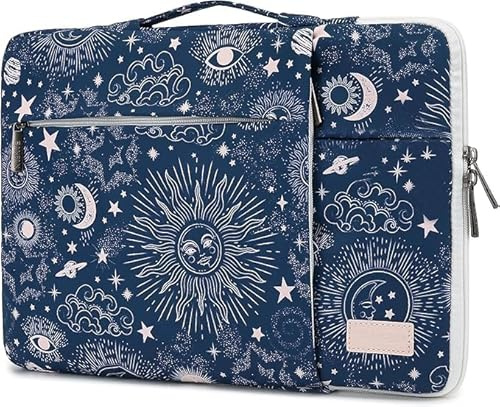 SANFAN Schutzhülle für 360-Grad-Laptop, mit 3 Taschen, Griff und Gepäckgurt, Design Sonne, Mond und Sterne auf marineblauem Hintergrund (Mai-Sonne, 31,8 cm-33,5 cm)