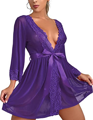 Tuopuda Conjunto de Lencería Sexy para Mujer Hot Vestido de Dormir con G-String Transparente Albornoces Babydoll de Malla Camisón de Novia Pijama de Encaje Ropa de Dormir Kimono, Morado, S