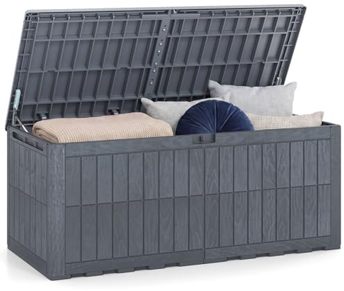 COSTWAY Arcón Exterior Capacidad 380/455/680 L, Baúl Almacenaje con Tapa, Asas Laterales y Diseño Bloqueable, Banco y Mueble de Jardín para Herramientas y Artículos (Gris,154x71x64,5 cm)