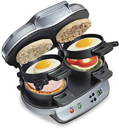 Hamilton Beach Dual Breakfast Sandwich Maker with Timer, Ready in 5 Minutes, Removable Dishwasher Safe PFAS-Free Non-Stick Egg Cooker Ring, Silver (25490MNA)