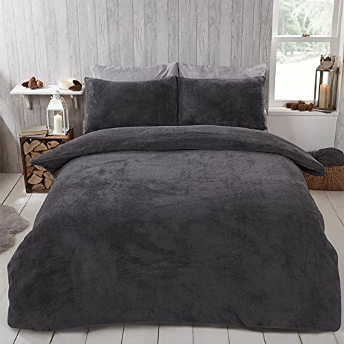 Brentfords Super King Teddy Fleece Duvet Sets, Thermal Bedding Set Superking Size Bed Quilt Cover Ultra Soft Fluffy Christmas Bedding with Pillowcases, Charcoal Grey