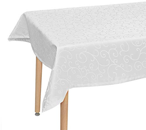 Laneetal Tischdecke Abwaschbar Ornamente Damast Seidenglanz Tischtuch Rechteckig 130x220 cm, Weiß – Wasser- & Schmutzabweisende Tafeldecke aus Polyester, Ideal für Küche und Wohnzimmer
