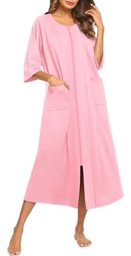 Ekouaer Robe for Women Zipper front Robes 3/4 Sleeve House Dress with Pockets Full Length Nightgown Housecoat,Pink Rose,L