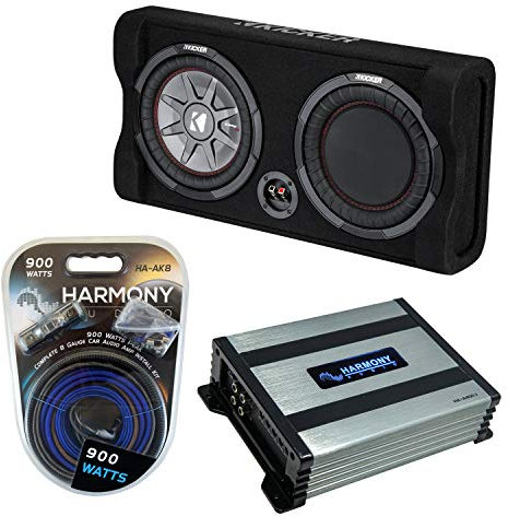 Harmony Audio Kicker 47TRTP122 Car Audio Down Firing 12 Thin Sub Box Passive Radiator Bundle with Harmony HA-A400.1 Amplifier & Amp Kit