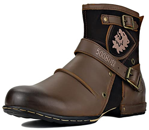 Herr Stövlar Chelsea Motorcykel Boots för Män Mode Känga Vandring Combat Ankel Dragkedja Svart Brun OZ-5008-1-Brown-US9.5