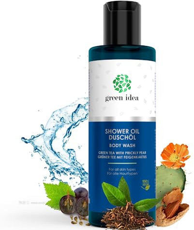 Green idea - Duschöl natürlich – für trockene Haut - Grüntee mit Opuncia | sanft, für empfindliche Haut, mit Traubenkernöl | frischer Duft | VEGAN | kein SLES 200 ml