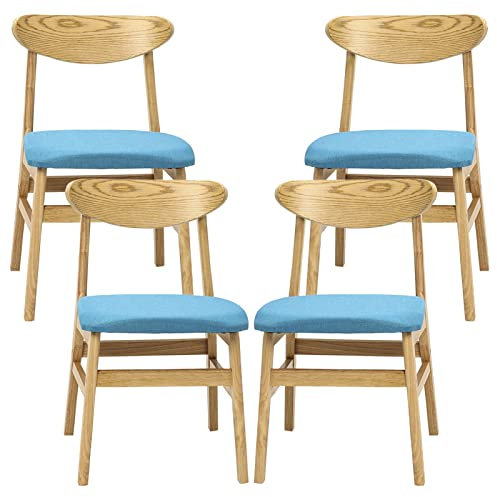 JUNNIU Hocker, 4er-Set, Massivholzstühle, für Zuhause, Küche, Theke, Restaurant, Barhocker mit Rückenlehne und Kissen aus Baumwollleinen, Höhe 44 cm (Farbe: Blau) Decoration