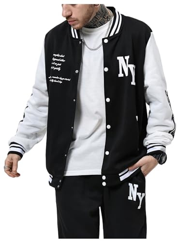SOLY HUX Men's Varsity Jacket Color Block Letter Graphic Long Sleeve Baseball Jacket Bomber Coat Black Letter S