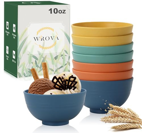 Wrova wheat straw small bowls 10oz set of 8 - Unbreakable Dessert Bowls set for kids - Mini Bowls for Ice Cream,Snack and Fruits - Microwave & Dishwasher Safe Appetizer Bowls