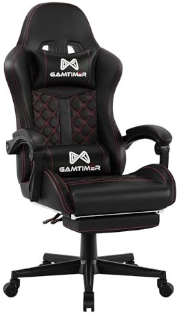 Gaming Stuhl, Ergonomischer Bürostuhl PC Stuhl, Gaming Sessel Lendenkissen und Fußstütze, PU Leder Gamer Stuhl, Verstellbarem Rückenlehnen von 90-155°, Höhenverstellbarer 360°Drehstuhl (Schwarz)