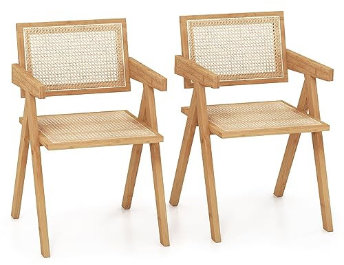RELAX4LIFE Esszimmerstühle 2er Set, Küchenstuhl aus Bambus Rattan, Akzentstuhl mit Gewebtem Sitz, bis 130 kg belastbar, Rattanstuhl für Wohnzimmer Esszimmer