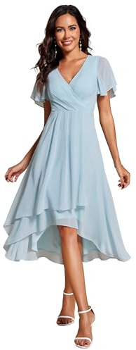 Ever-Pretty Robe D'Invité Jupe Trapèze Col V Manches Volantées Robe Femme Chic et Elegant Belle Robe Soirée Bleu Ciel 44