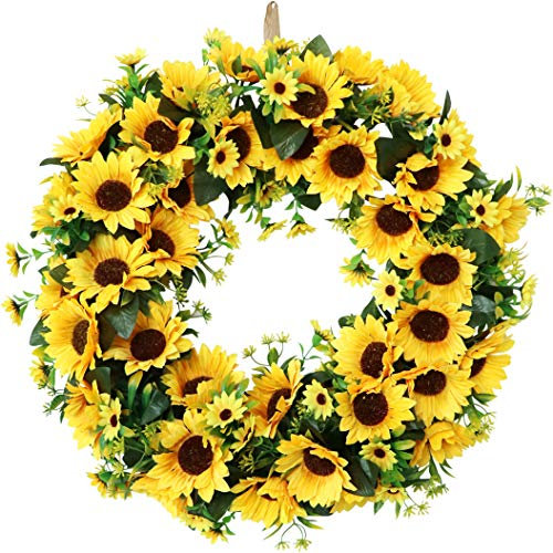 50CM Summer Artificial Sunflower Wreaths,Yellow Decorative Floral Door Wreath with Daisy,Green Leaves and Linen Ribbon for Wall or Home Decoration (Yellow-50cm)