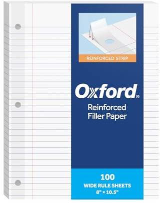 Oxford Reinforced Filler Paper, 8 x 10.5 Inch, Wide Rule, 3 Hole Punched, Lined Loose Leaf Paper for Ring Binders, 100 Sheets, White (1002098)