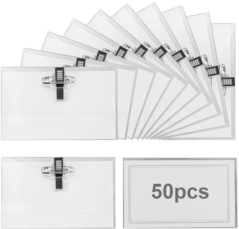 50 Porta nombres con pinza combi, soportes para tarjetas identificativas de PVC transparente con clip, Funda Tarjeta Identificación Horizontal Porta Nombres Clip, para oficina, negocios, conferencias