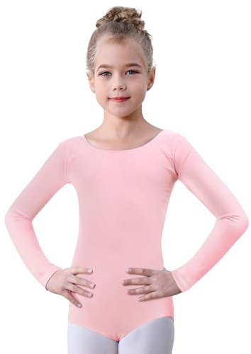 Soudittur Ballettanzug Mädchen Langarm, Kinder Ballett Trikot Baumwolle Ballett Body TanzBody Gymnastikanzug Turnanzug für Damen Größe 110-170 (Rosa, 120)