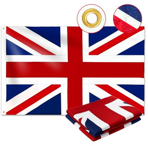 Union Jack UK Flag 3x5 FT (90 x 150 cm) Outdoor, Double Sided Heavy Duty 210D Fabric, 4 Rows Stitching Fly Ends, 2 Brass Grommets, United Kingdom British National Country Flag for Wall Home Garden