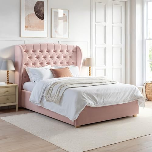 Luvon Safina Winged Ottoman Bed with Storage and Buttoned Headboard in Velvet or Fabric Mattress Option Available Small Double to Super King Sizes (Pink Velvet, Double)