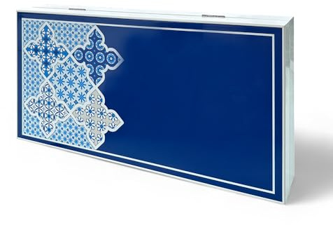 Biggdesign Backgammon Blue Tile MDF-kropp, magnetisk stängning, högglansigt skyddslack, reptålig spelyta med tärningar och pjäser