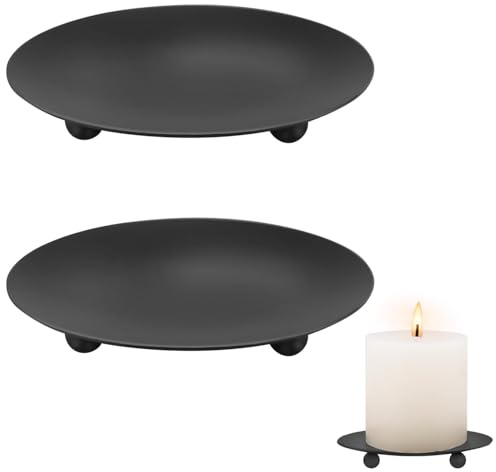 Pillar Candle Holders, Set of 2 Premium Metal Candle Plates Trays for LED or Wax Candles, Decorative Pillar Candles Stand for Christmas Table Centrepiece (Black)