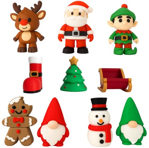 Colección 10 Figuras Navideñas Clásicas – Papá Noel, Elfo, Gnomos, Reno Rudolf, Árbol, Galleta Genjibre, Trineo Santa Claus y más - Decoración Navidad Miniaturas 6 cm - Adornos Navideños