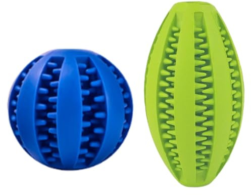Palla giocattolo per cani, 2 Pezzi, giocattolo intelligenza, palla rotonda (5 cm) e palla da rugby (9 cm), per cura dei denti, per denti sani e divertimento, giocattolo da masticare, Verde e blu