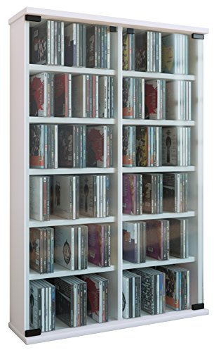 VCM CD Regal Holz | CD Schrank mit ESG-Sicherheitsglastüren für 300 CDs oder 130 DVDs oder 72-Videos| Maße: H. 92 x B. 60 x T. 18 cm | Elegantes DVD Regal | Blu ray Regal | CD Regal - Roma Weiß