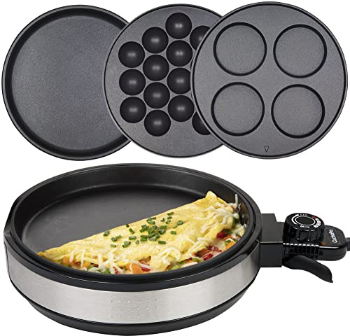Multi Baker Deluxe- Baking Made Easy- 3 in 1 Electric Appliance w Temp Control, 3 Interchangeable Skillets for Grilling, Baking, Dessert Making- Grilled Cheese Omelets Pizza Sandwiches Cake Pops, Gift