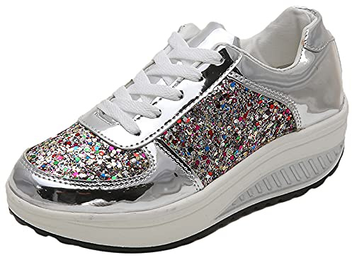 ANUFER Femmes Super Poids Léger Plate-Forme Baskets Lacer Compensé Chaussures de Sport Argent SN070680 EU38.5
